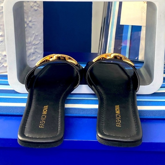 Fashion nova black gold rope hardware square toe flat sandals slides sz 10 - Picture 5 of 8